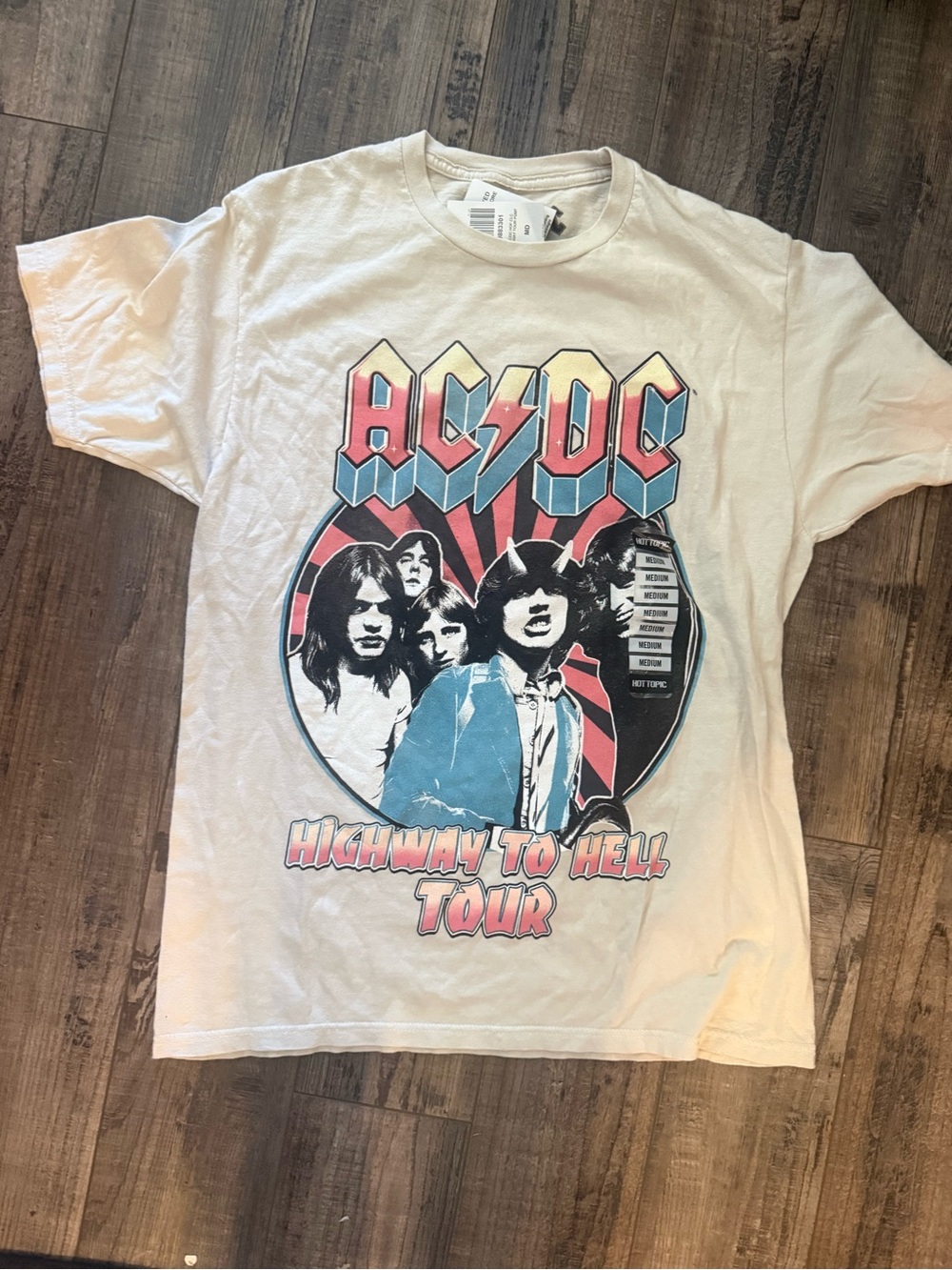 AC/DC Cream Tee with Pink & Blue Graphic
